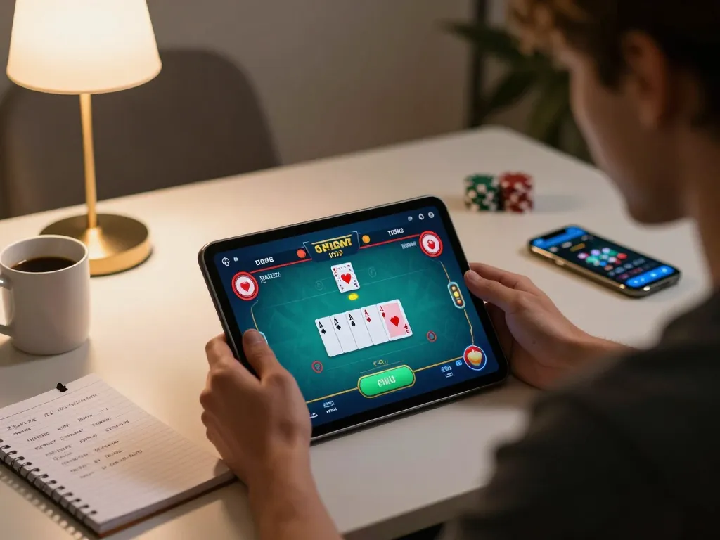 Engaging in a thrilling poker game on KUWIN COM, a player strategizes with their tablet
