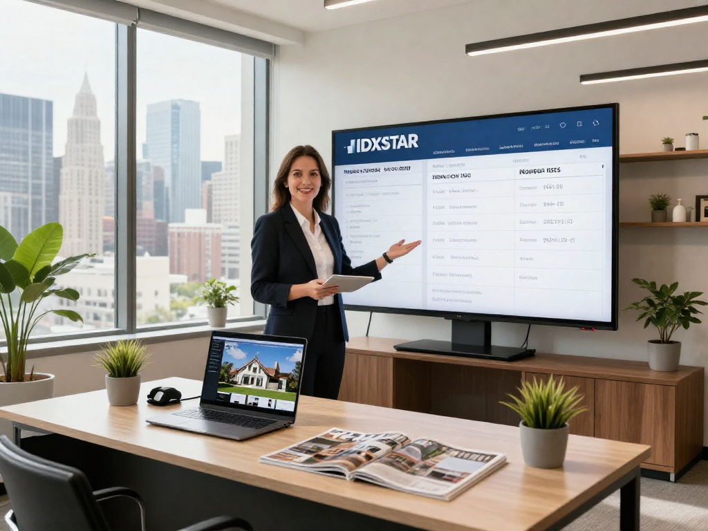 Real estate agent showcasing IDXSTAR property listings in a modern office.