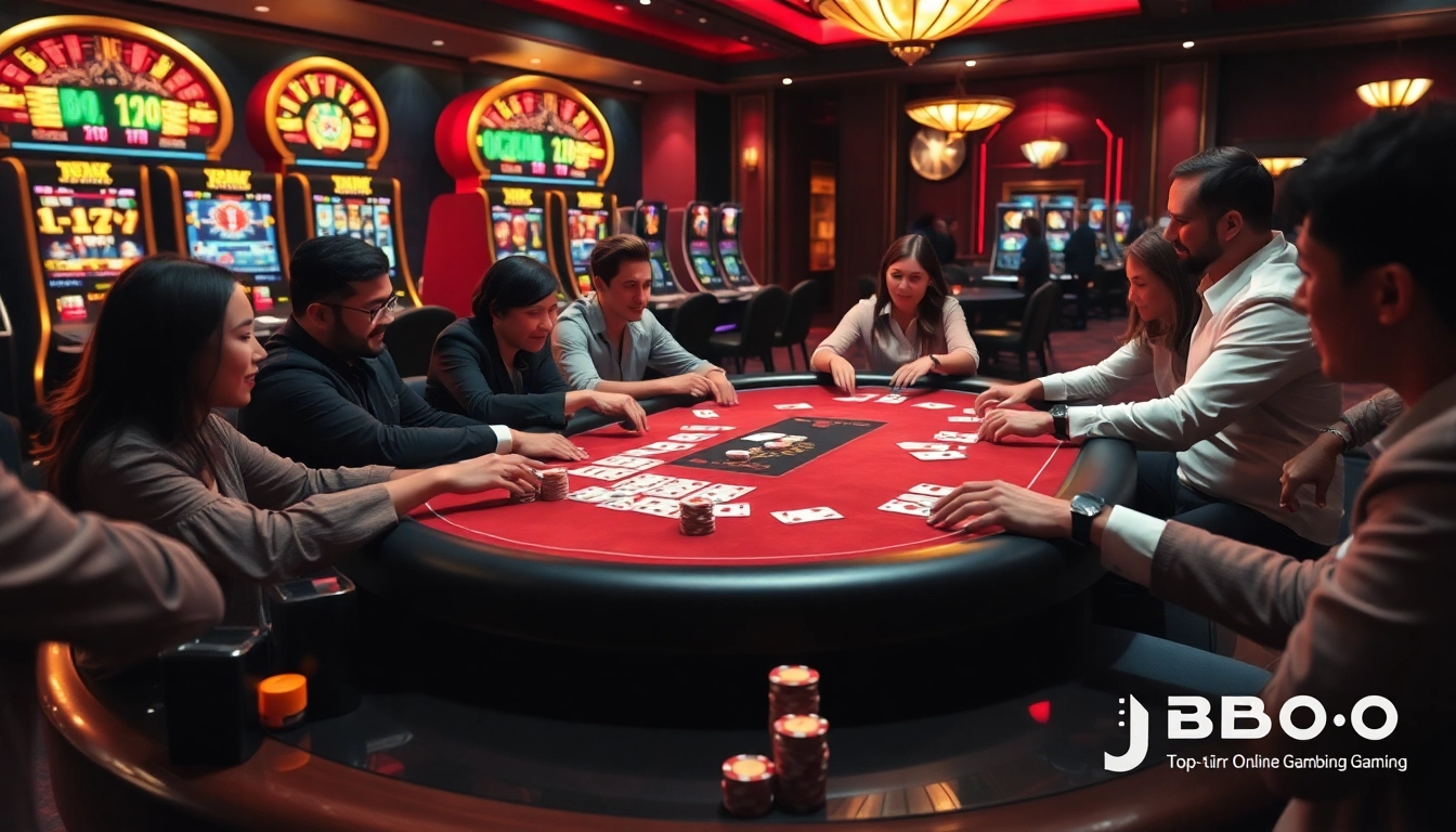 Players engage in high-stakes poker at a JBO casino table, showcasing vibrant chips and cards.