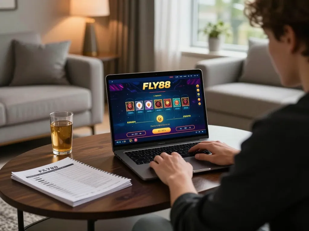 Engaged player placing bets on FLY88 casino platform from a cozy home setup.