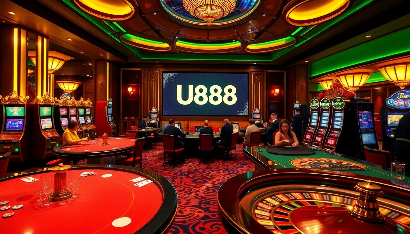 U888 players enjoying an exciting game at a luxurious casino table filled with poker chips.