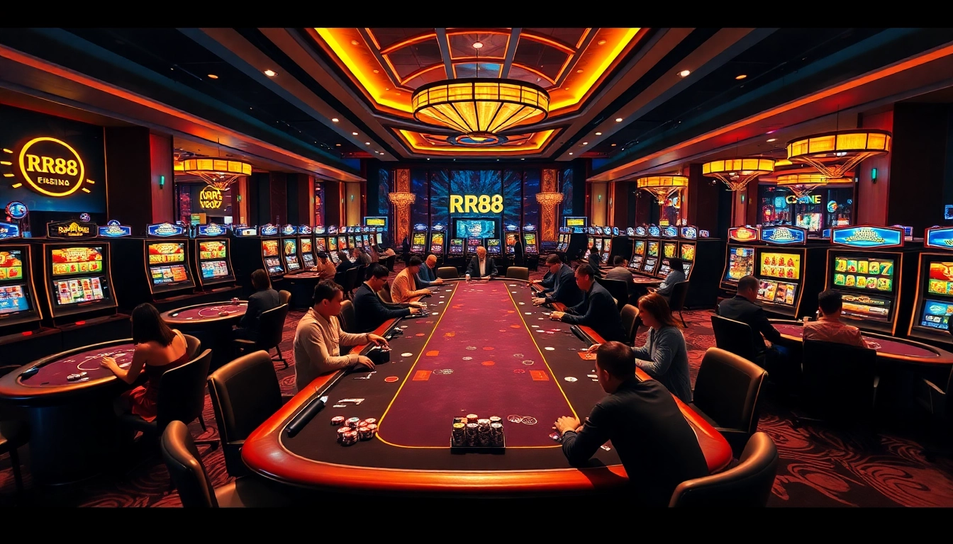 RR88 casino experience with colorful slot machines and poker tables in a luxurious setting.
