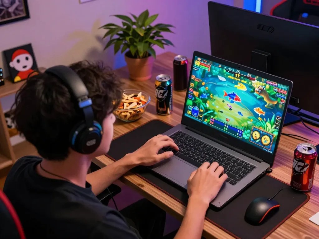 bắn cá mb66 game in action on laptop, player focused in cozy gaming room