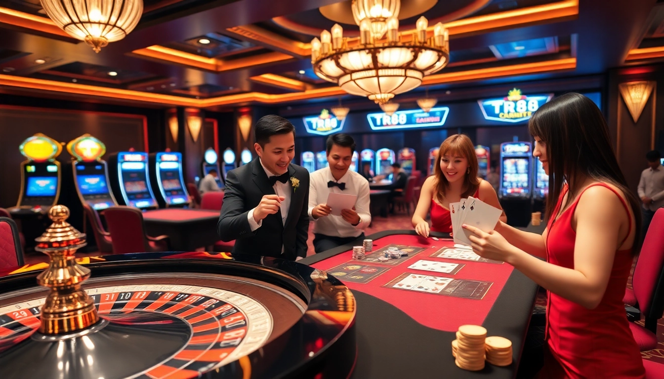Players experience the excitement of the TR88 game at a luxury casino with roulette and cards.