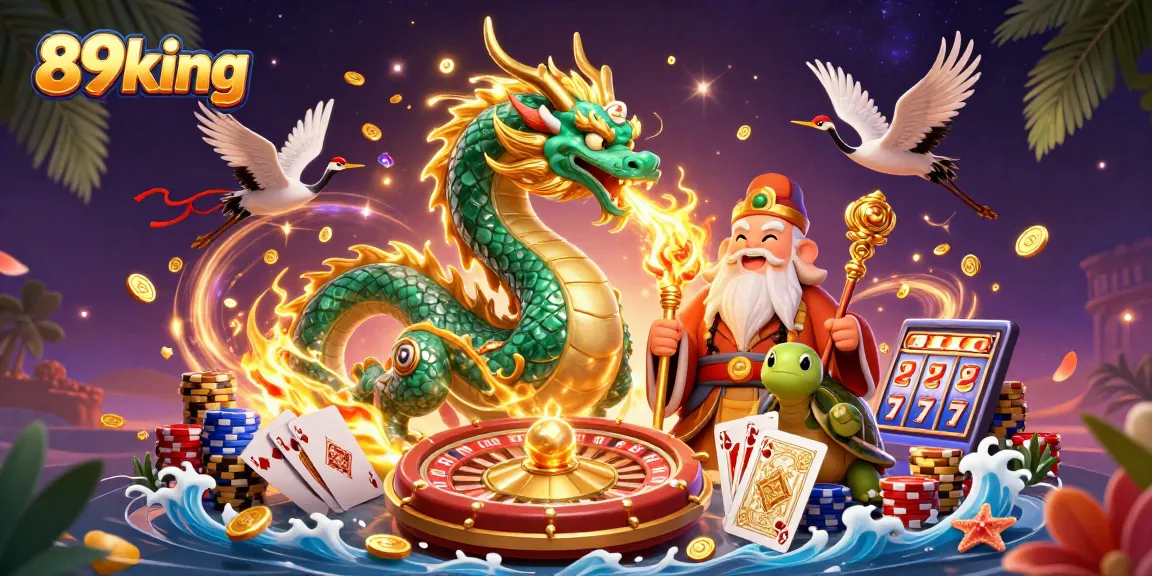 Experience the thrilling world of 89king with a majestic jade dragon, lucky cranes, and vibrant casino elements.