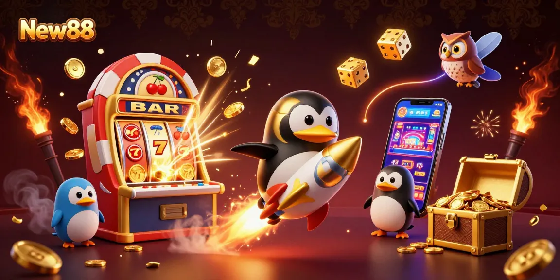 Experience thrilling gameplay with New88, featuring a golden penguin and explosive casino elements.