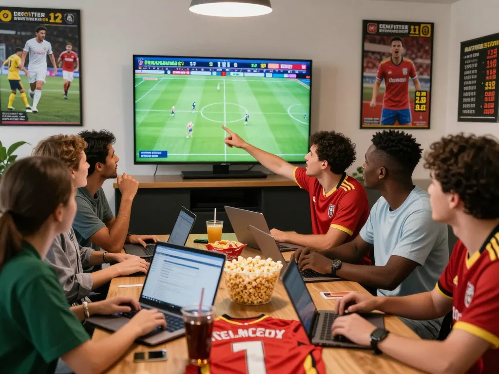 Enthusiastic group enjoying the thrill of vaobong 1gom sports betting with live football matches.