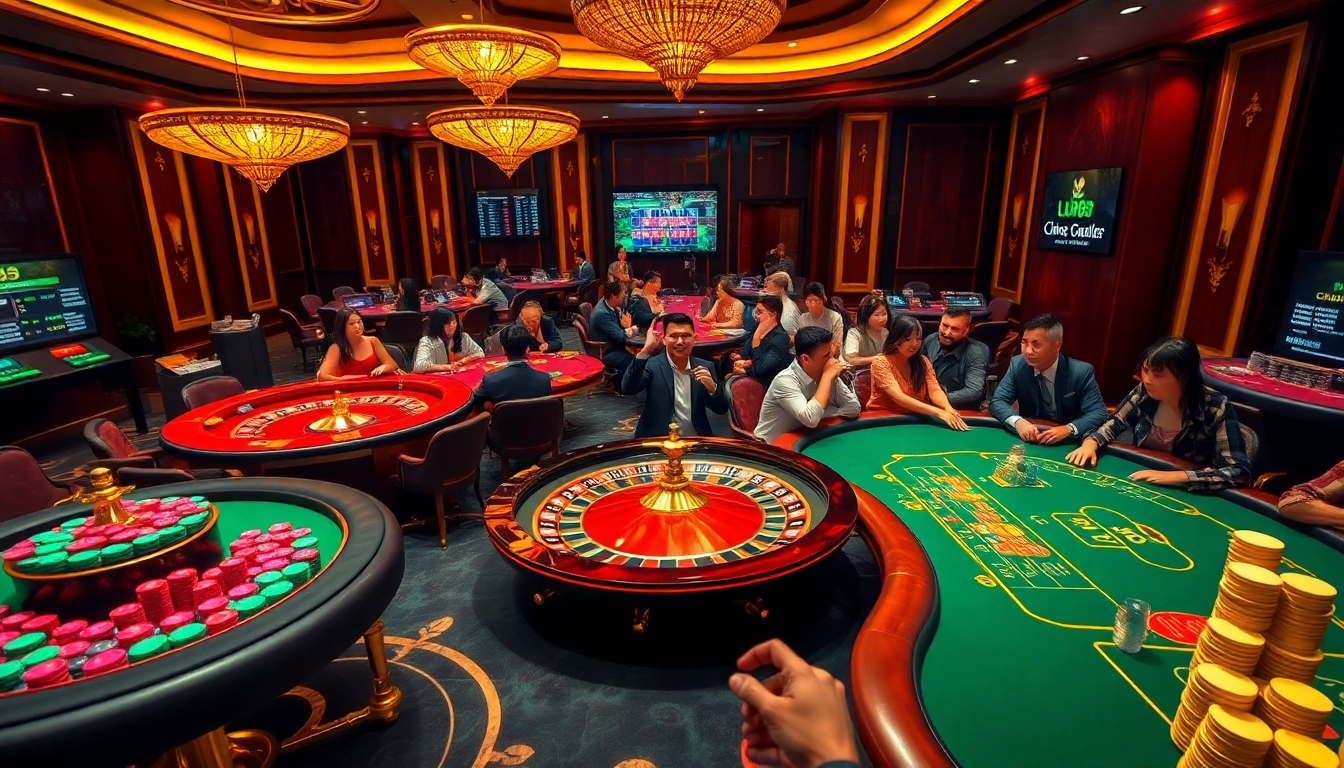 Excited players engaging in various games at nhà cái lu88, featuring rich casino visuals and vibrant colors.