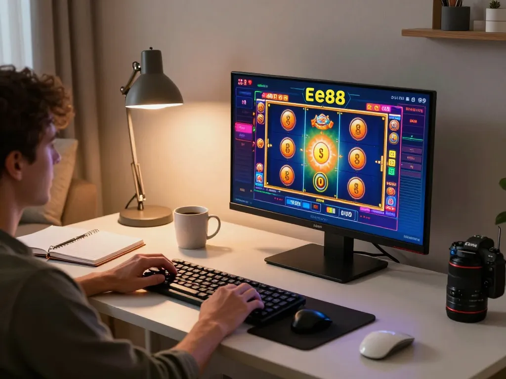 Player engaging in online gaming at Ee88, showcasing an exciting casino setup with vibrant visuals.