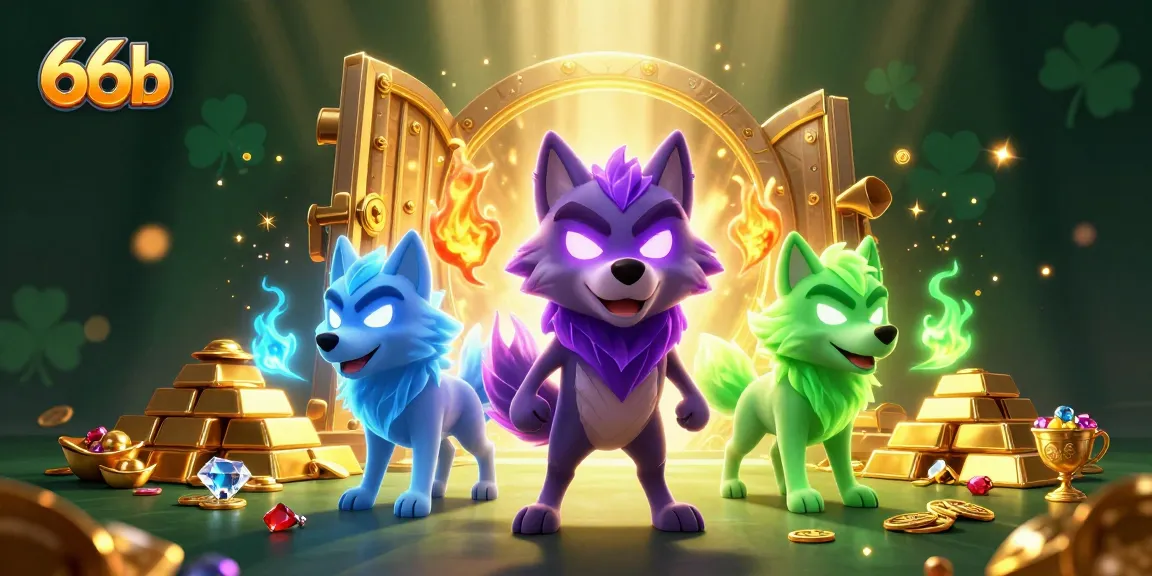 66b showcases winning 3D wolf pack amidst treasure at a vibrant casino scene.