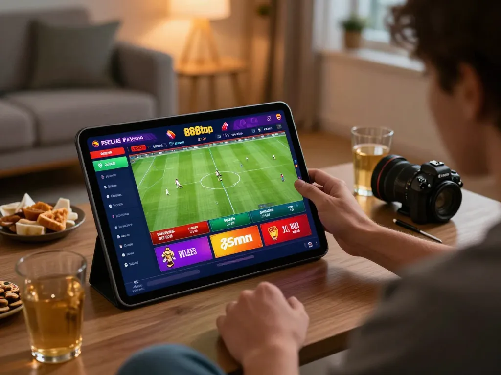 Place bets on exciting sports events with the engaging 888top betting app on a home tablet.