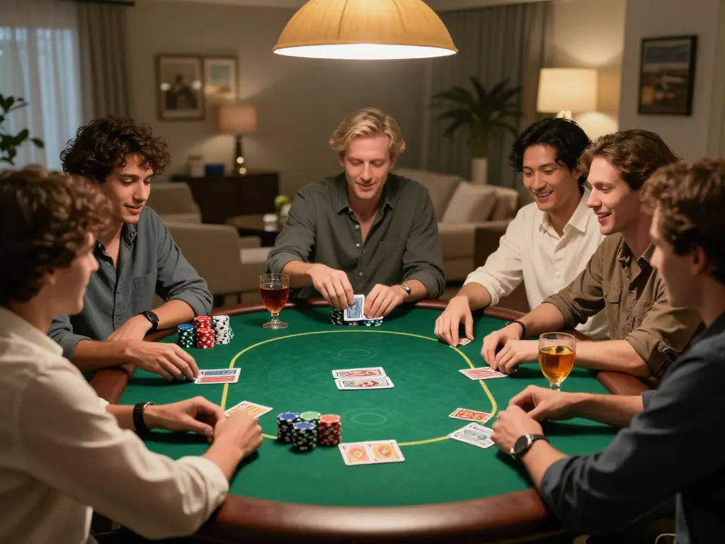 Enjoying a fun poker night with friends, showcasing vibrant seating and engaging gameplay on 99win com.