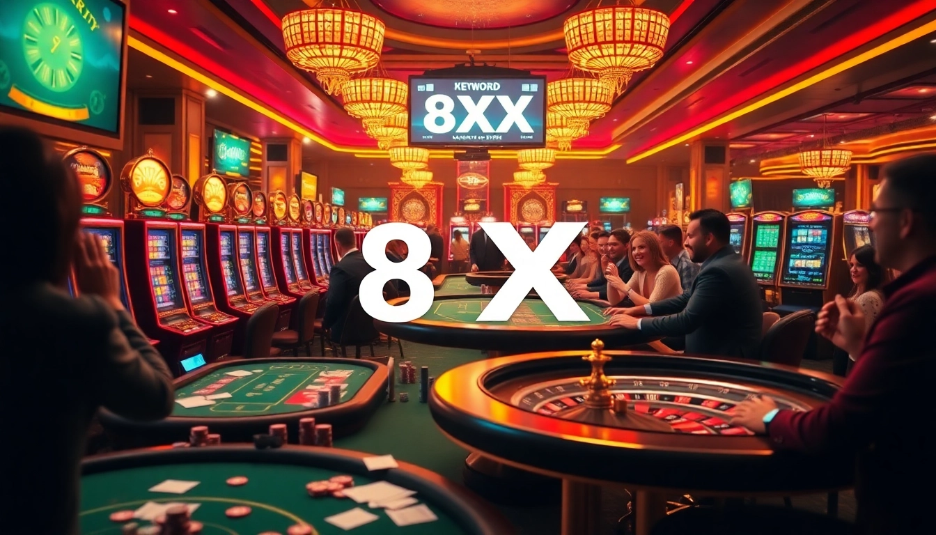 An engaging casino scene at 8XX with excited players at roulette and poker tables, enhancing their gambling experience.
