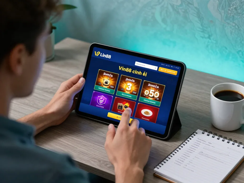 Engaging with Link Vin88 chính thức on a tablet in a cozy home setting, emphasizing responsible gaming.