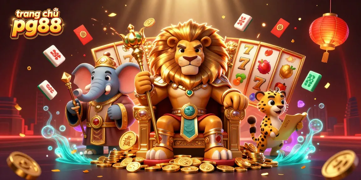 Experience the excitement at trang chủ pg88 with a vibrant 3D casino scene featuring a lion king and dynamic game elements.