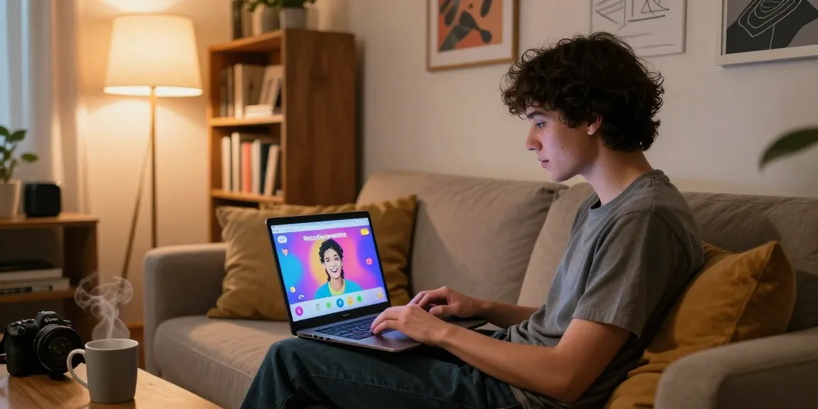 Engaging in free AI sex chat on a laptop in a cozy home office setting, featuring colorful UI elements and a friendly AI avatar.