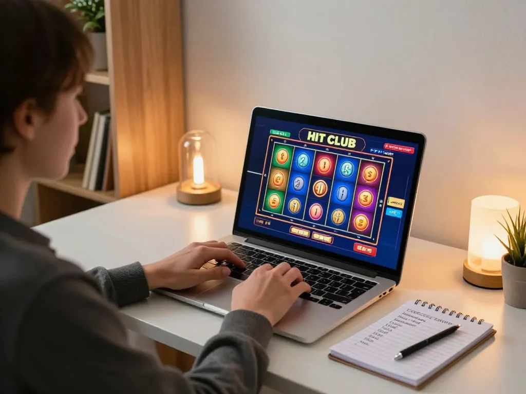 Engaging player enjoying Hit club slot games on laptop in comfortable home setting.