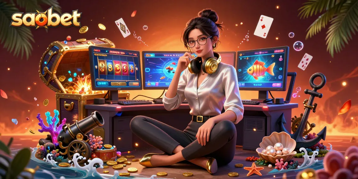 Engaging scene showcasing saobet with a professional Asian gamer at a high-tech setup surrounded by casino game elements.
