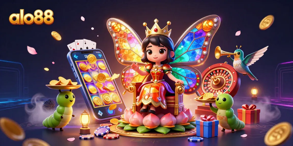 Experience the excitement of alo88 with a vibrant scene of gaming elements, showcasing a butterfly queen in a casino setting.