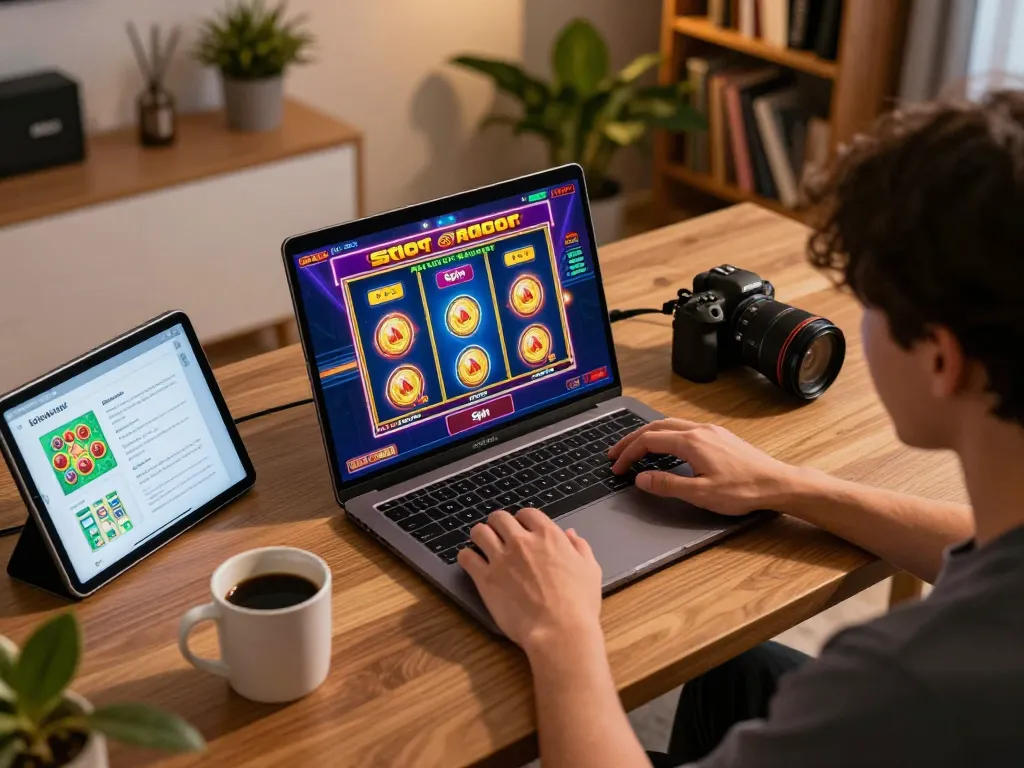 Engaging session of slot gacor gameplay with a player at home, illustrating responsible gaming habits.