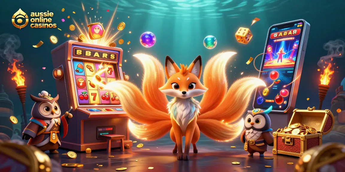 Experience the thrill of aussie online casinos with colorful slot games and winning spirits in a dazzling scene.