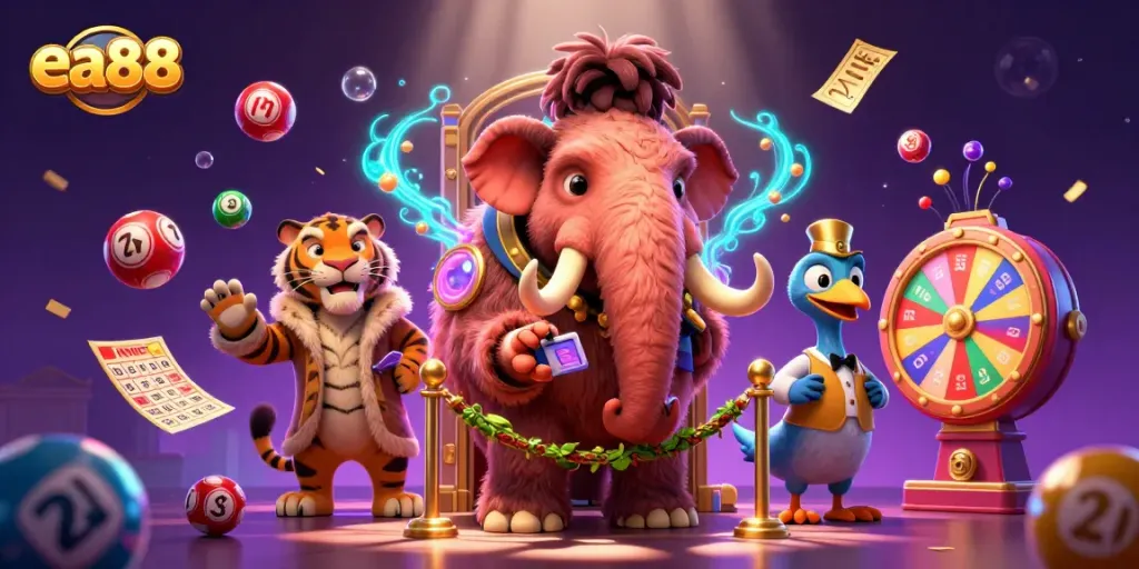 ea88 showcases a vibrant casino scene with colorful lottery elements and playful characters.