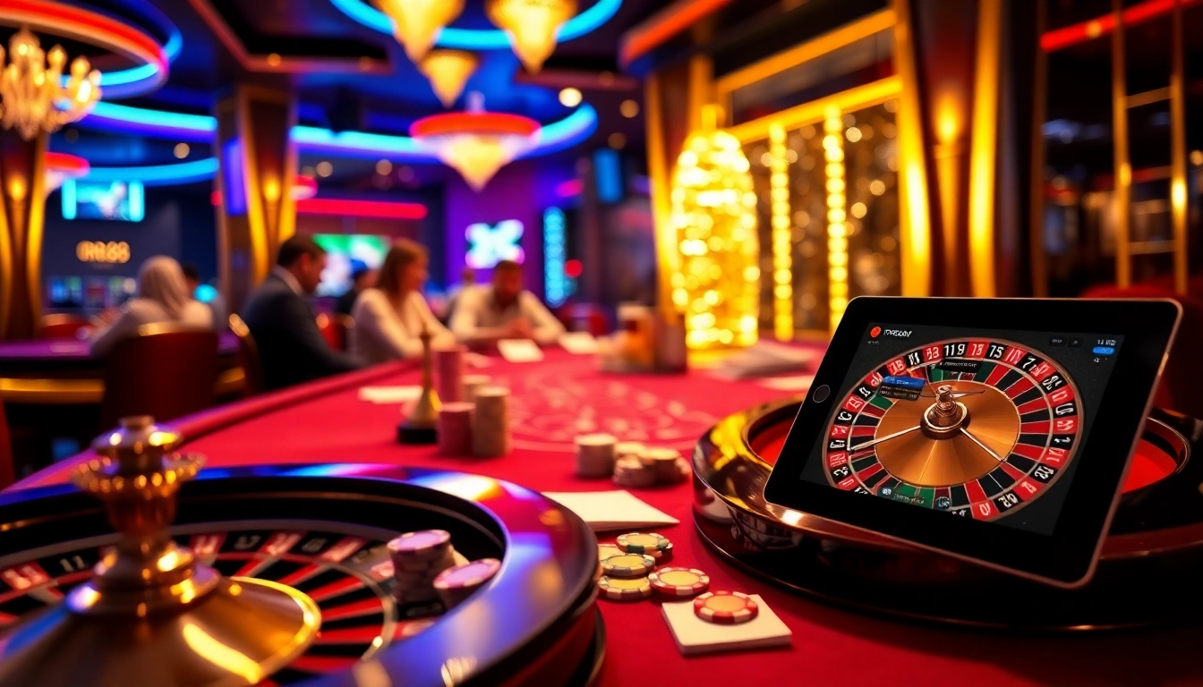 Players at a poker table enjoy gambling with tr88 chips, surrounded by vibrant casino elements.