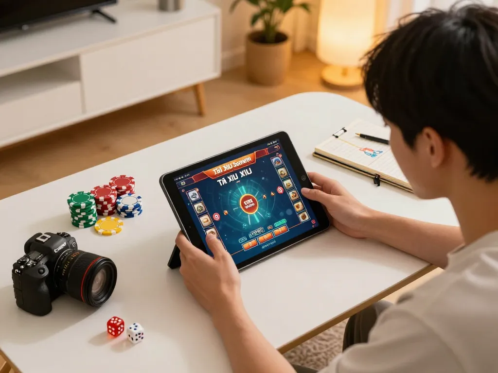 Tài Xỉu Sunwin gaming session showcasing strategy on tablet and vibrant gameplay elements.
