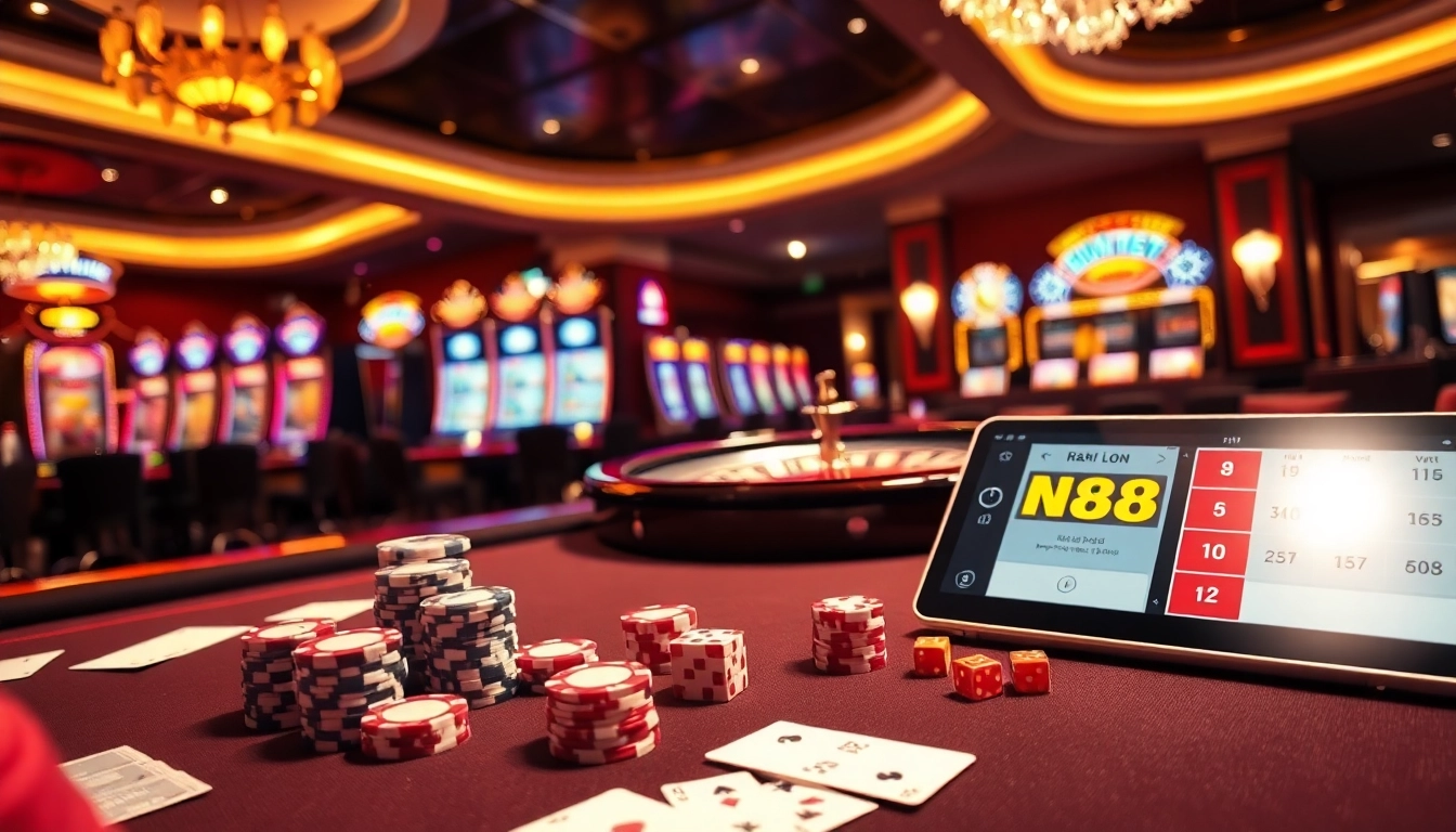 Engaging casino scene at https://nk88net.com/ showcasing poker chips and cards on a professional table.