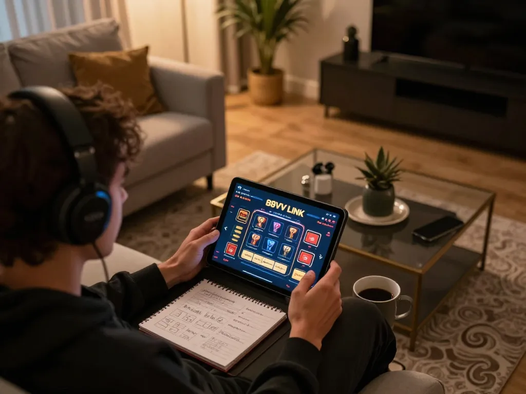 Engaging user interacts with the 88vv LINK platform for casino gaming at home, showcasing a strategic approach