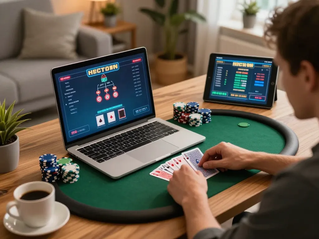Engaging online poker players analyzing strategies with 79king, showcasing an immersive home gaming environment.
