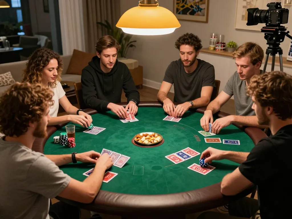 33win players enjoying an exciting Texas Hold'em home game under warm lighting.