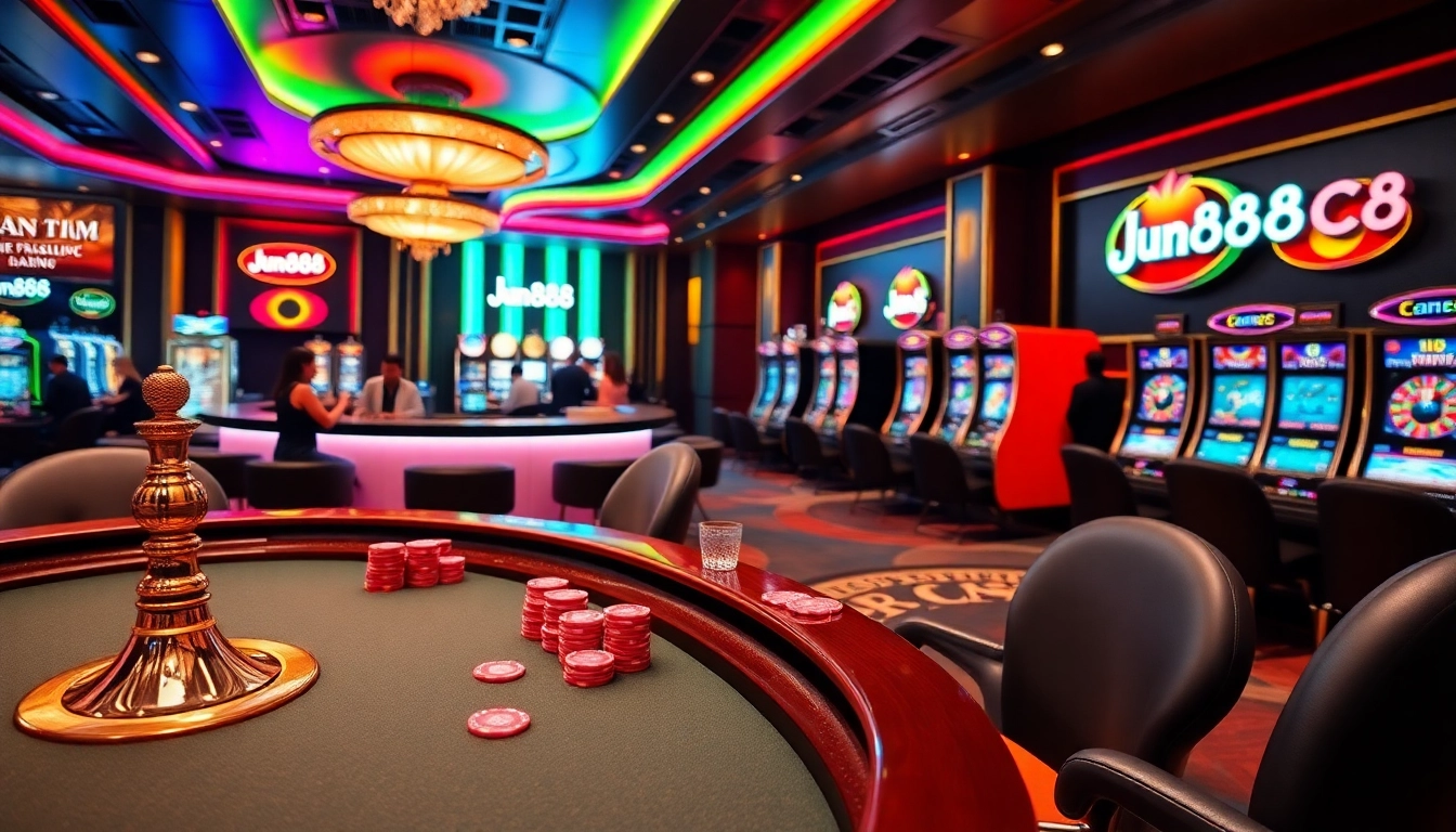 Engaging casino scene showcasing Jun888 poker tables and vibrant slot machines.