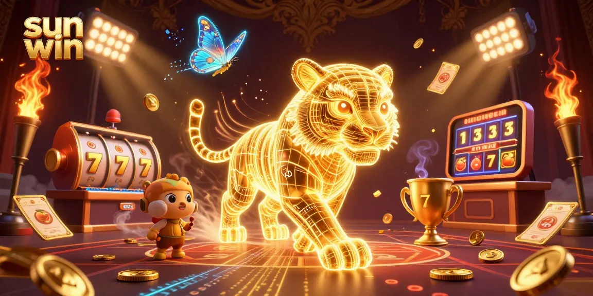 Engage in thrilling gameplay at sun win with a dazzling neon tiger in a vibrant casino scene.
