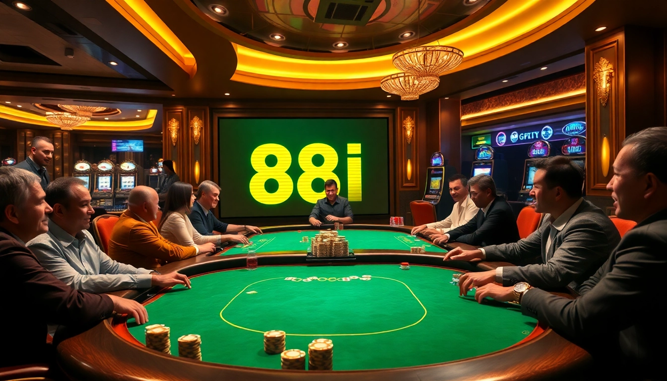 Engaged players at a luxurious poker table with "88I Đăng nhập" prominently displayed, capturing the thrill of the casino.