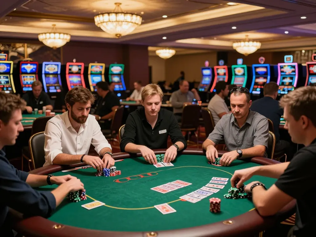 Poker players strategizing at a luxurious casino table for high-stakes games while using https://123bz.uk.net/ for gaming insights.
