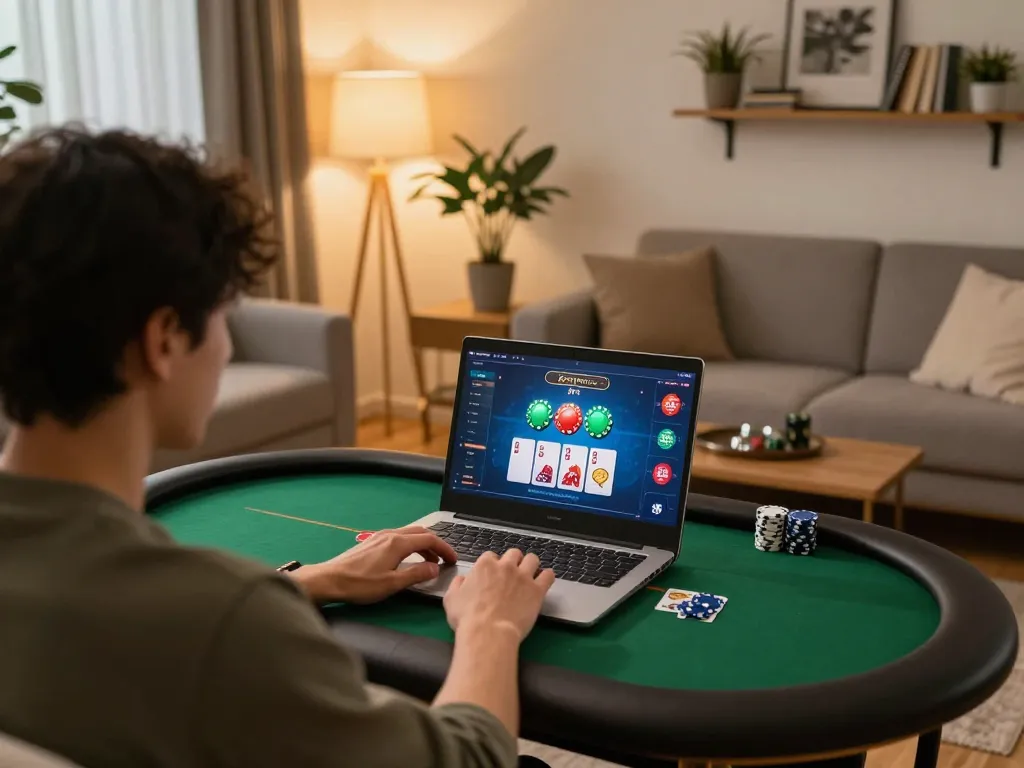 An individual enjoys an online casino gaming session with a reliable nhà cái trực tuyến uy tín in a cozy home setting