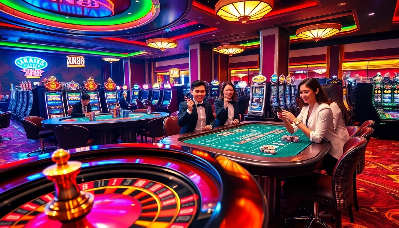 Exciting casino scene showcasing players at xn88 com with roulette and poker tables.