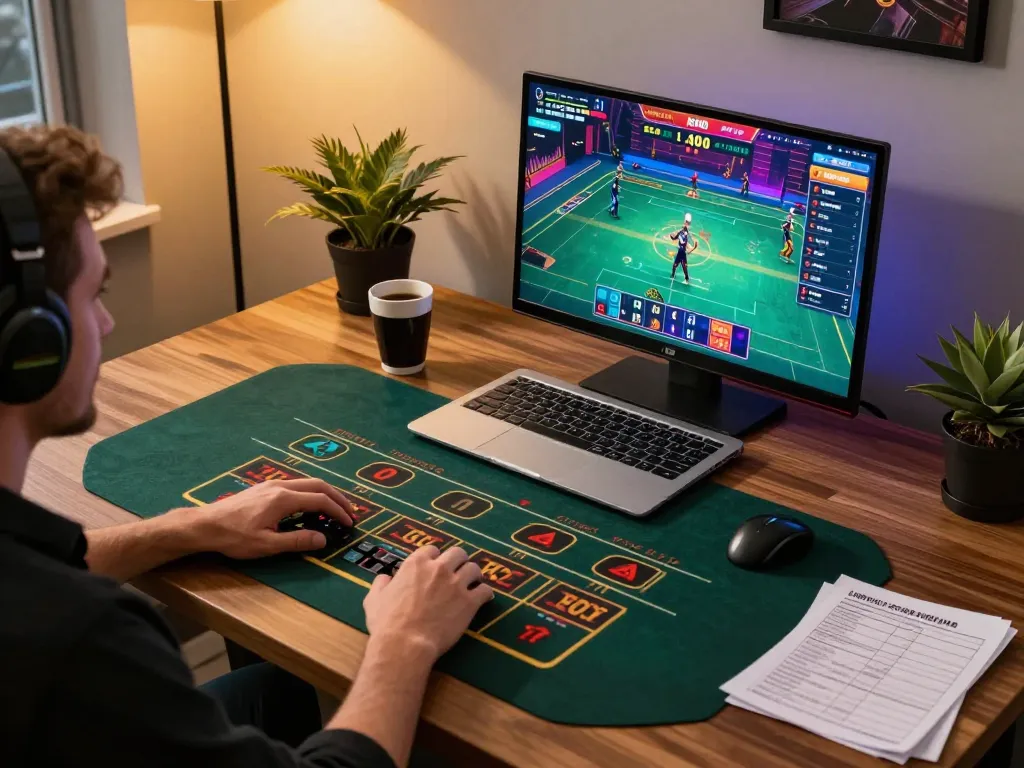 Engaging online gambling session with okfun app on laptop, player immersed in live dealer experience