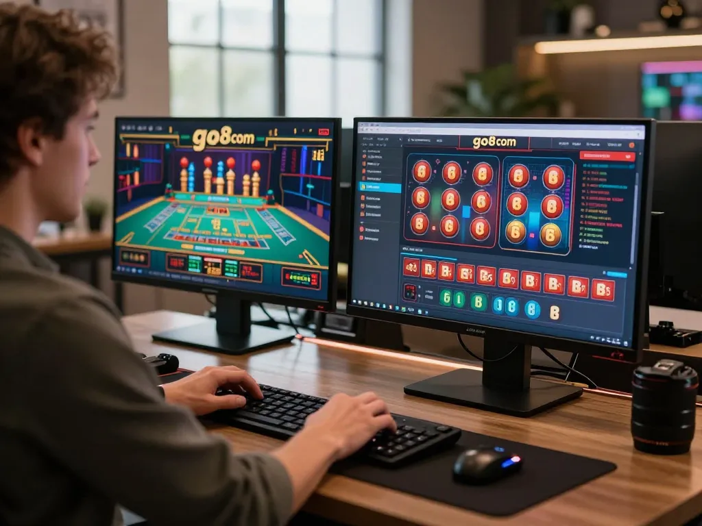 Player engaged in online gaming on go8 com with live dealer visuals and vibrant casino slots.