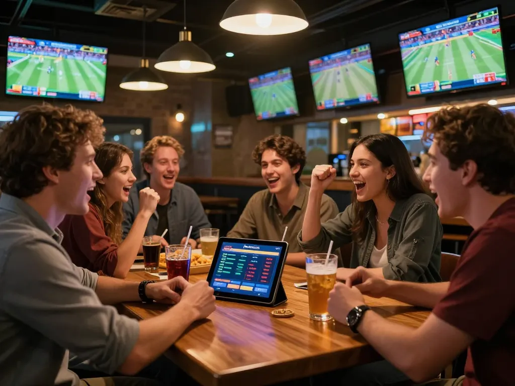 Fans cheering at a sports bar while using keonhacaivn app to place bets on live games.