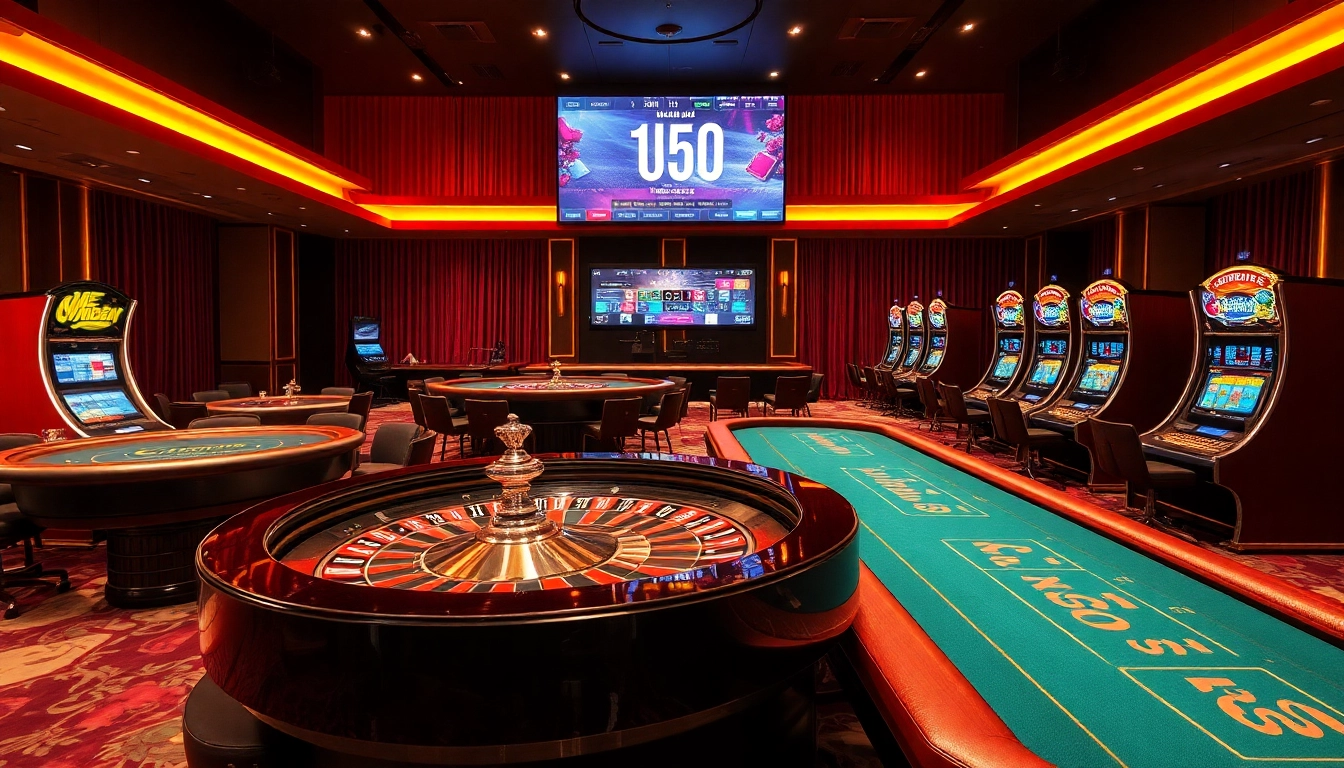 Experience the thrill of km1888b with vibrant casino tables and roulette wheels
