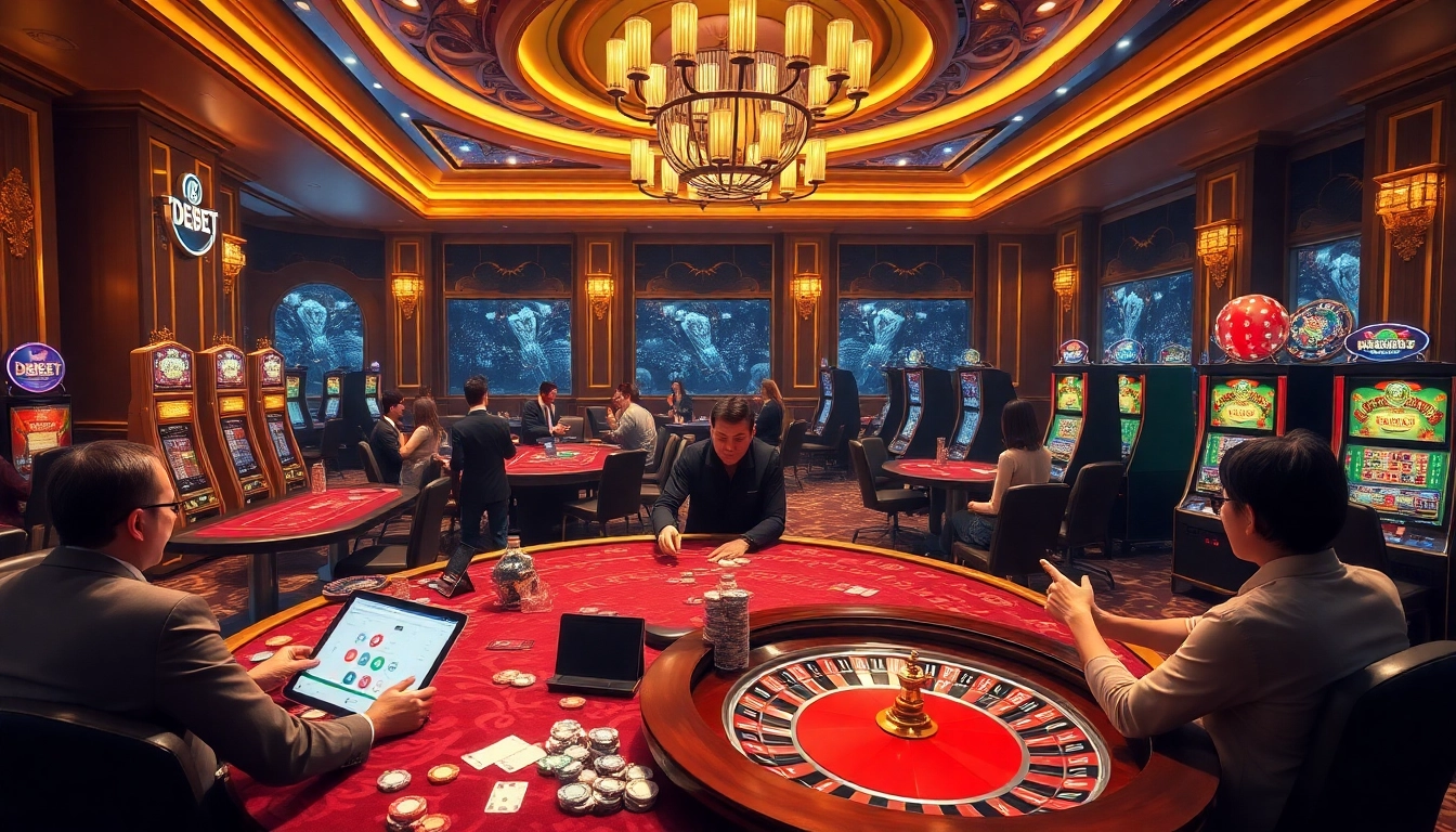 Experience the excitement of Trang Chủ DEBET with an engaging casino scene featuring poker tables and slot machines.