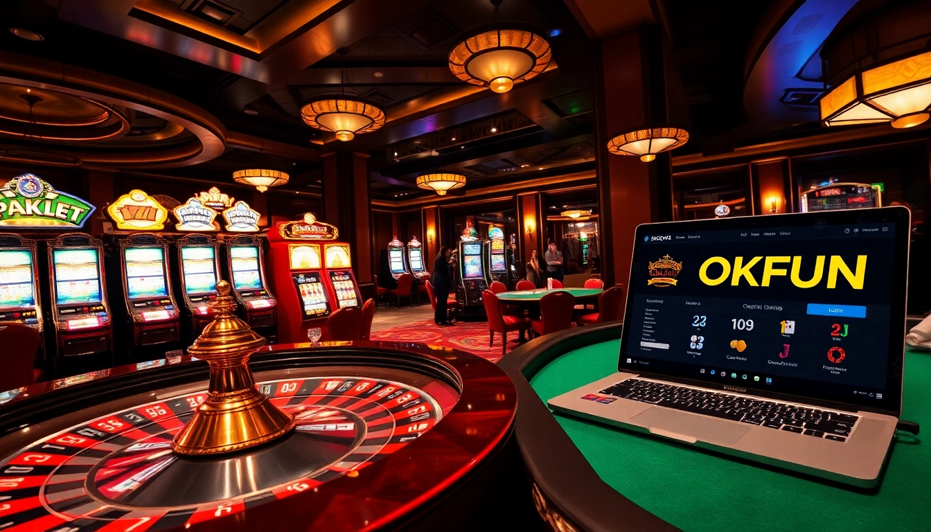 Players enjoying thrilling games at the luxurious OKFUN casino with vibrant slots and roulette.