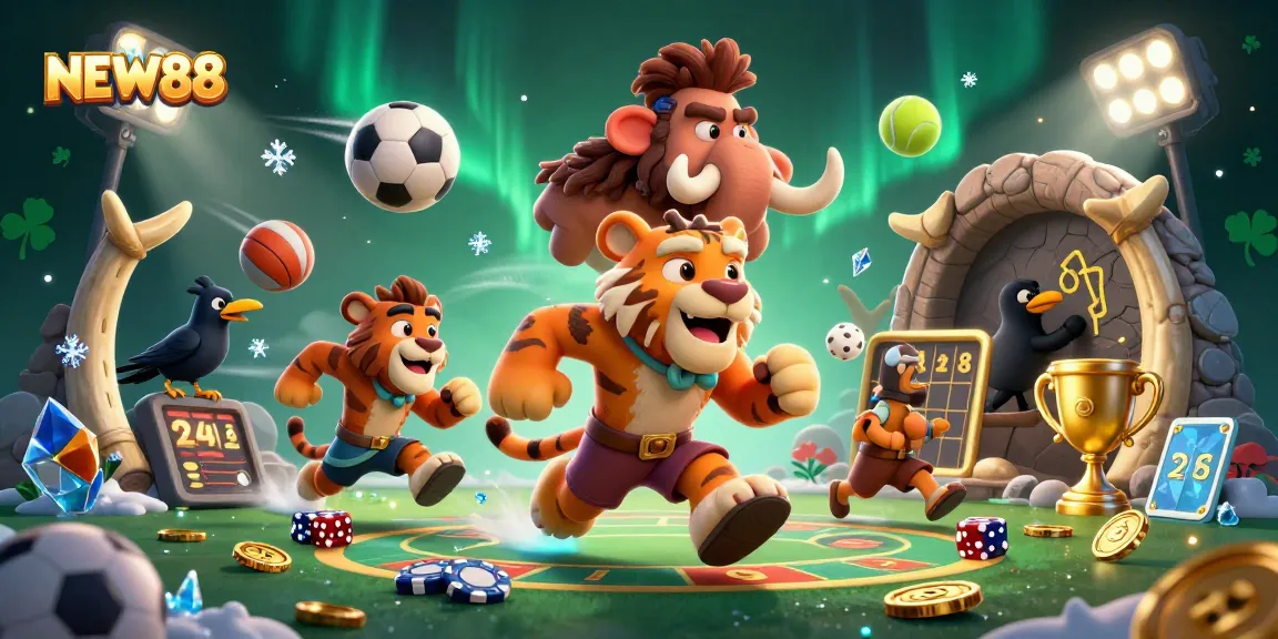 Experience winning opportunities at NEW88 with an exciting prehistoric casino scene filled with vibrant game elements.
