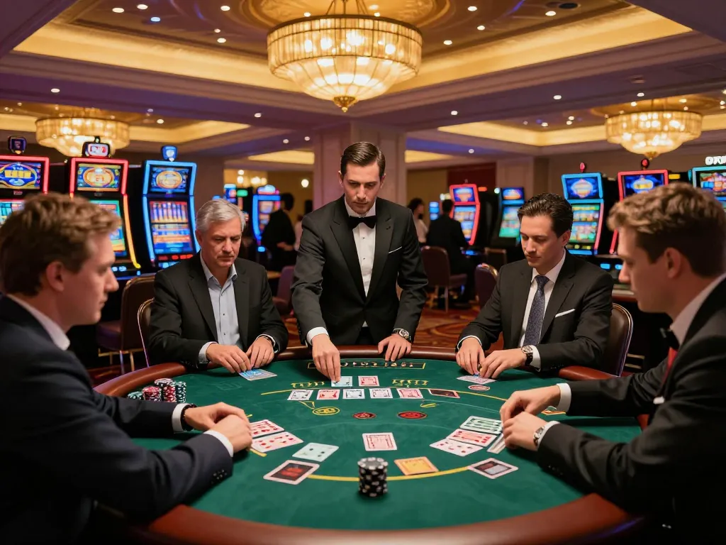 Players engage strategically at a u888 blackjack table in an upscale casino setting.