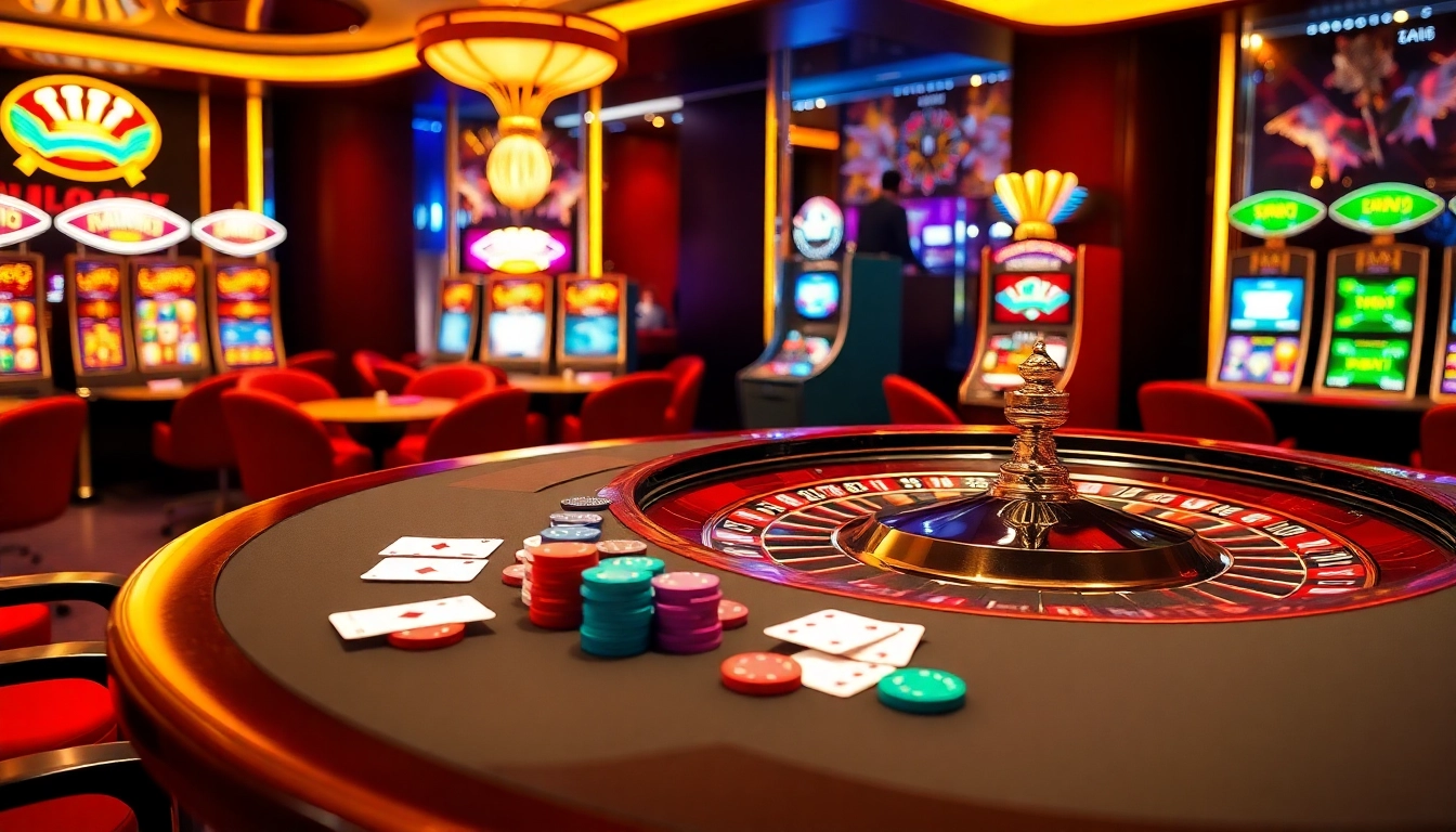 An exhilarating gambling scene at https://xx88.day/ featuring a vibrant poker table and roulette wheel, exuding excitement.
