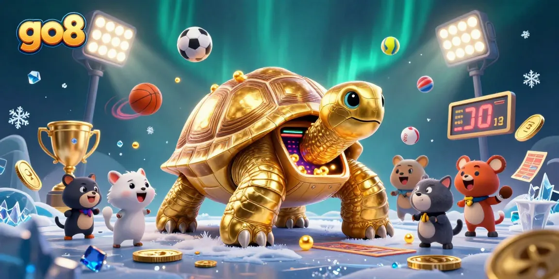 Experience exciting wins at go8 with golden tortoise pinball machine surrounded by dynamic sports elements.