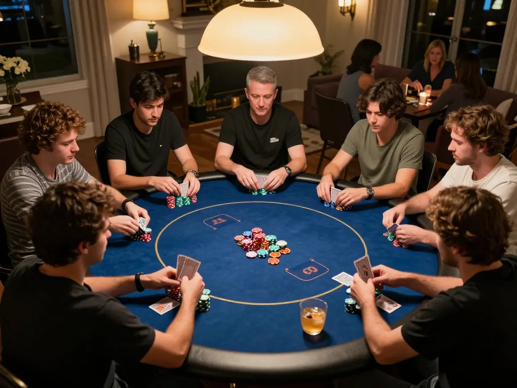 Engaging poker night scene highlights strategic gameplay at trang chủ uu88 with friends around a circular table.