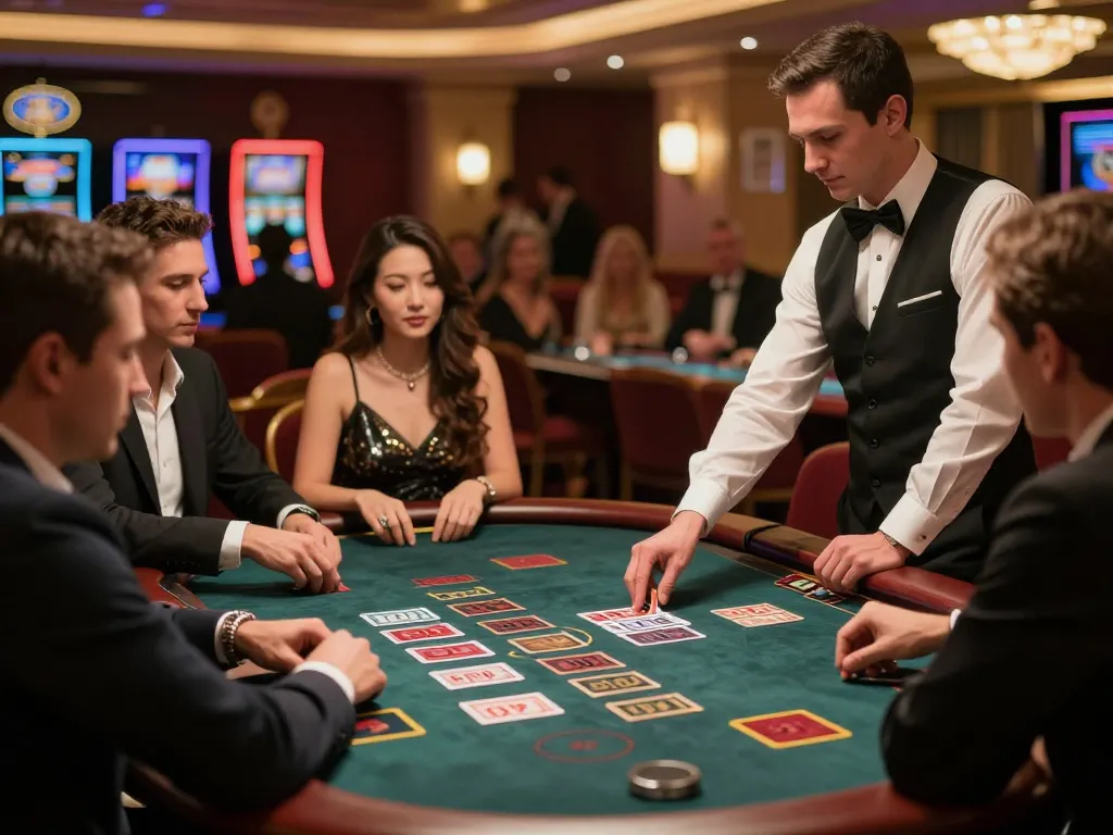 Players at a blackjack table enjoying the 33win33win gaming experience with a luxurious casino backdrop.